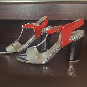 Jessica 4” High Heel Block Sandal in Orange, Cream, Silver, and Bronze Patent